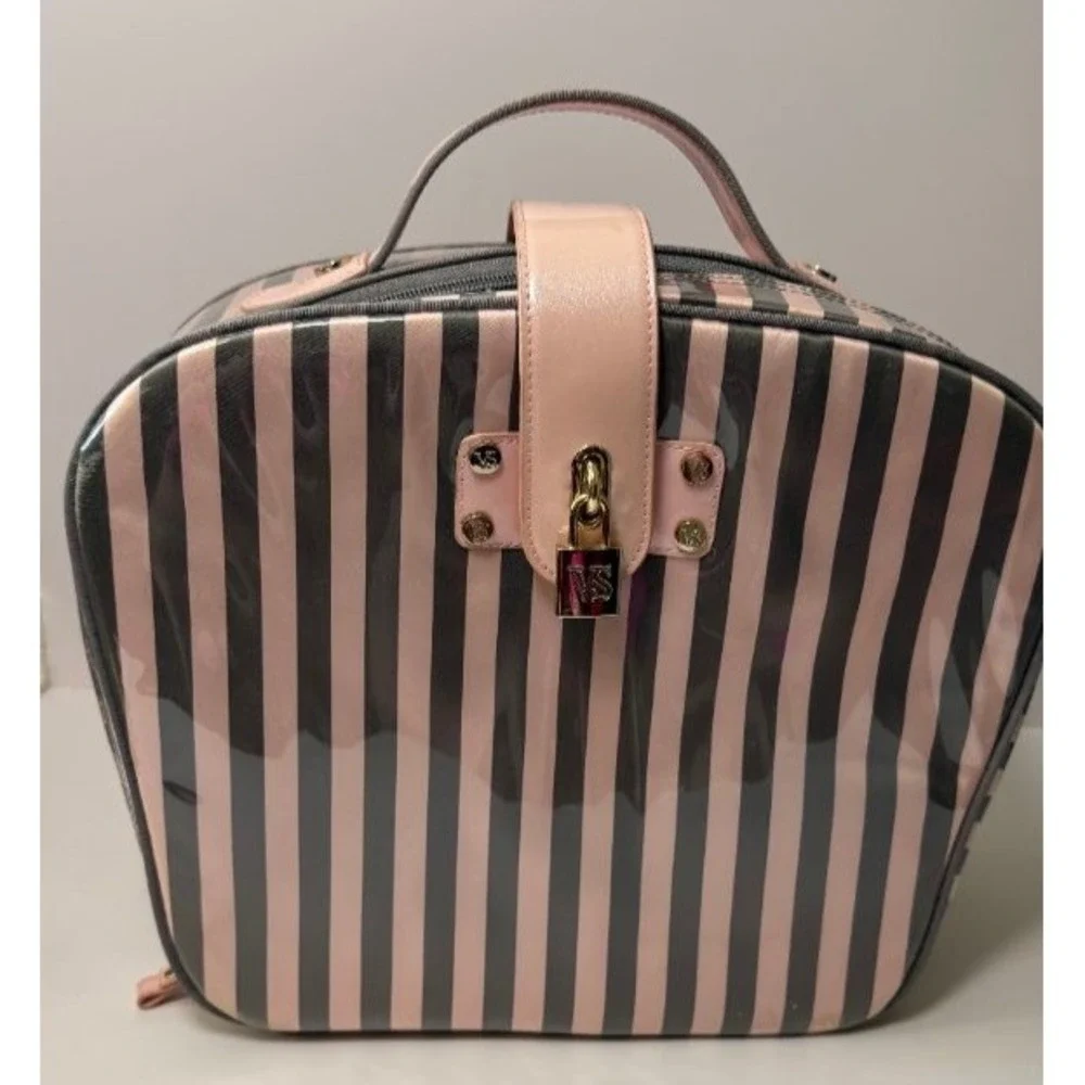 Victoria's Secret Pink Gray Striped Train Case Makeup Travel Bag Cosmetic Set